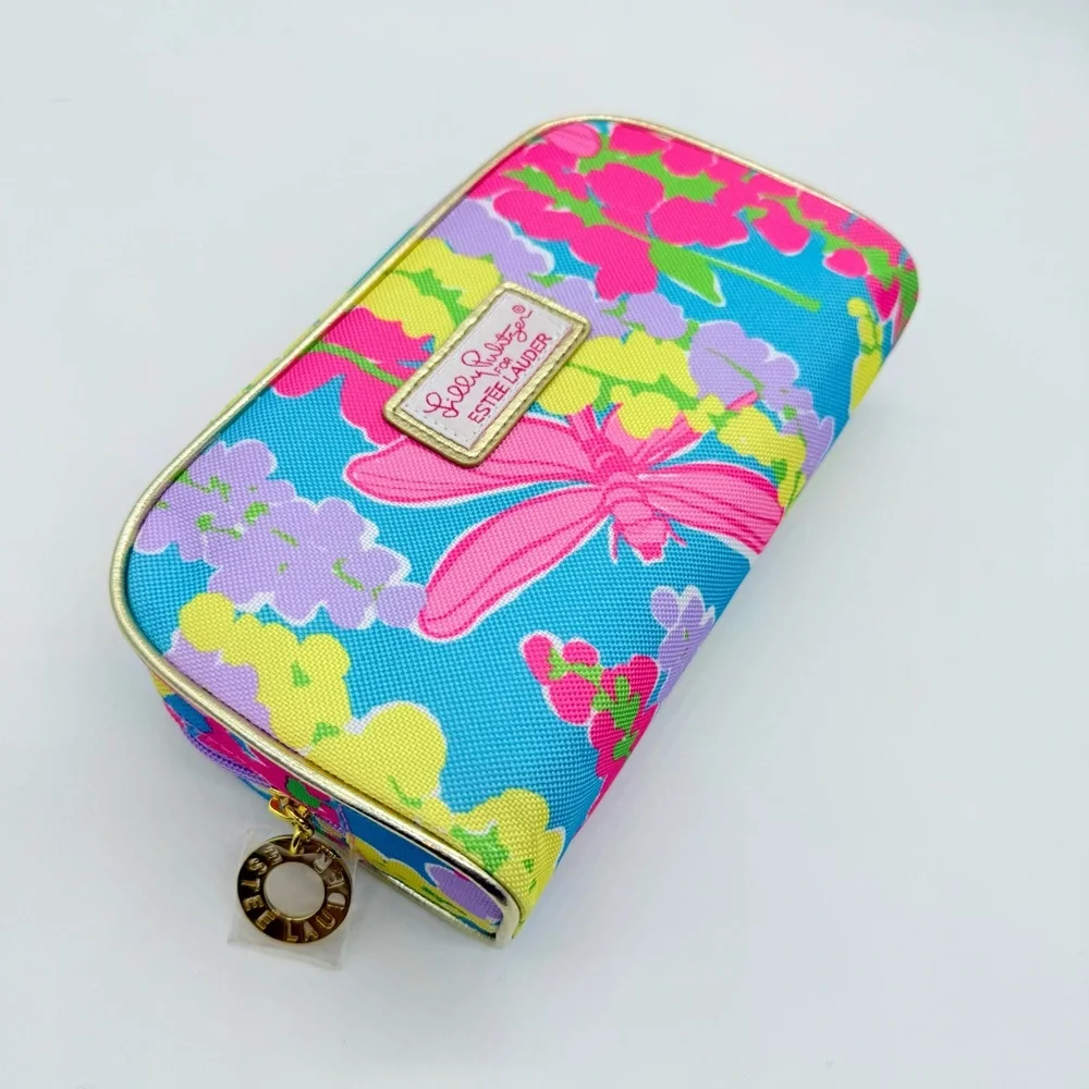 Lilly Pulitzer x Estee Lauder Blue Pink Cosmetic Makeup Bag 2 Travel Containers
